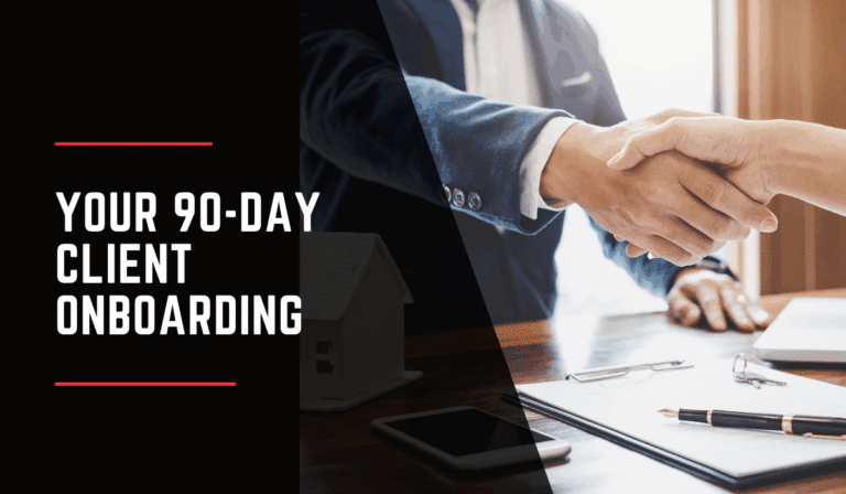 Business professionals shaking hands across a desk with paperwork, a pen, smartphone, and laptop, alongside the title "Your 90-Day Client Onboarding" on a black background.