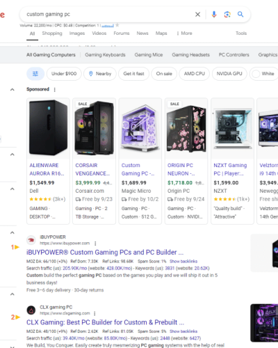 google search for custom gaming pc